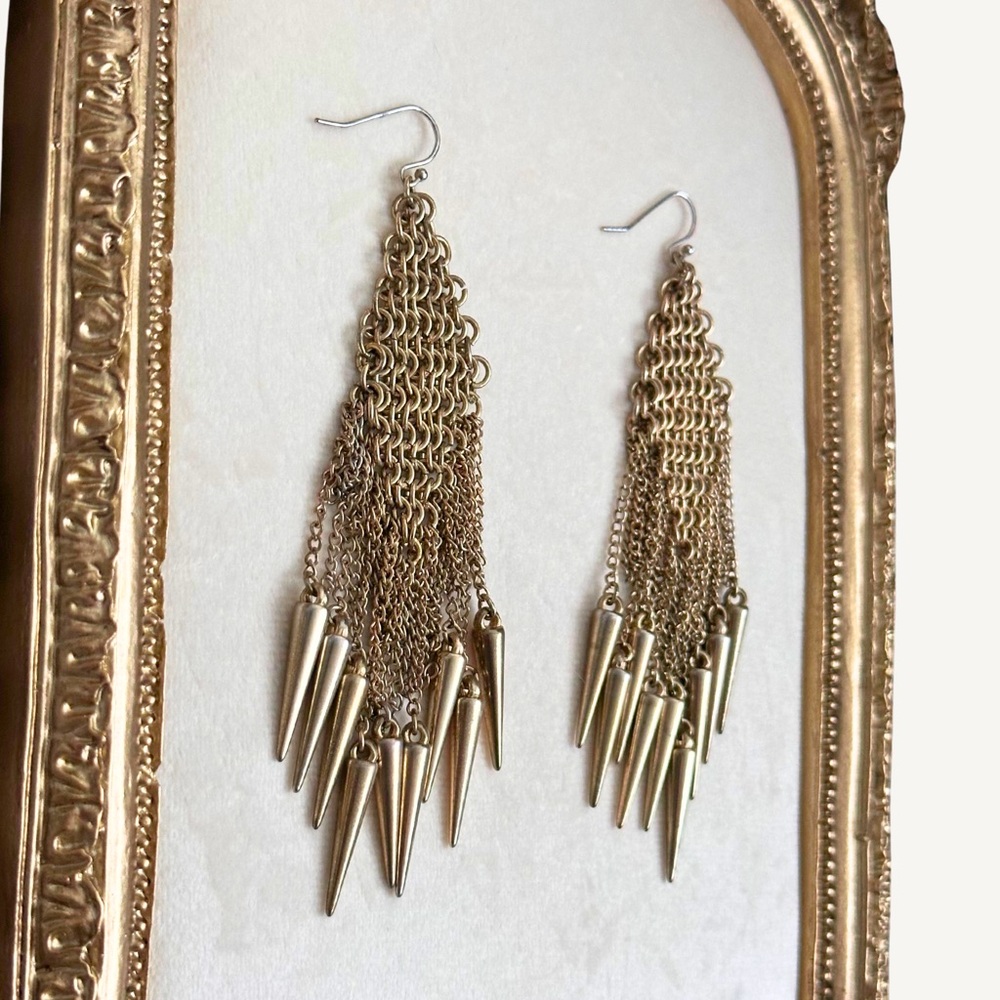 Gold-Tone Chain Fringe Spike Dangle Earrings - Picture 2 of 4